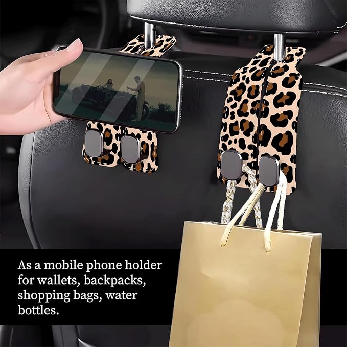 Car Seat Headrest Hook, Universal Leather Cute Hanger Holder Hook, Storage Organizer Interior Accessories for Purse Bags Handbag Luxury Leopard Red - Image 2