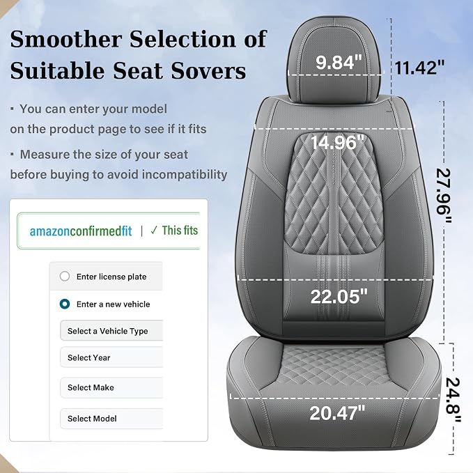 Coverado Car Seat Covers Full Set, Automotive Front and Rear Seat Covers with Backrest, Nappa Leather Car Seat Protectors Waterproof, Universal for Most Vehicles,Gray - Image 6