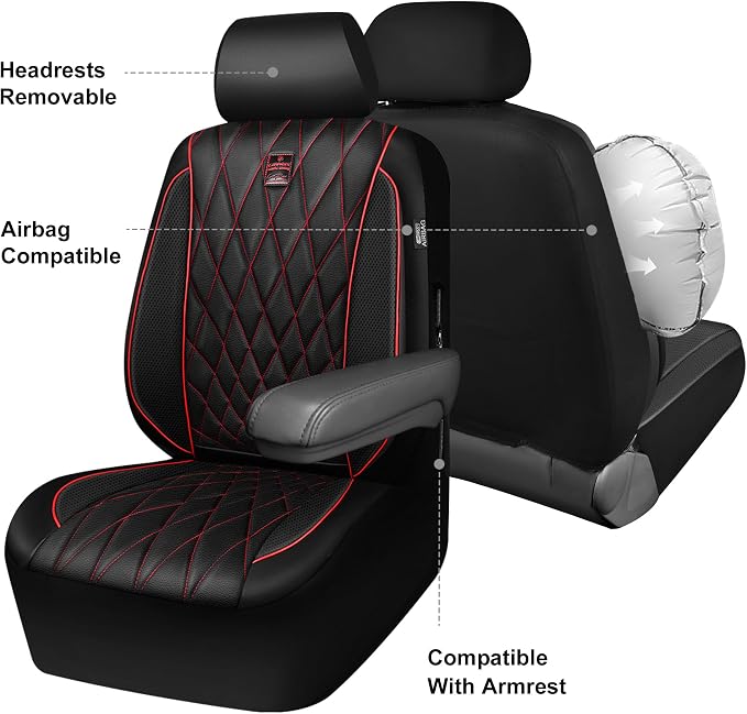 CAR PASS Piping Luxury Leather Seat Covers Full Set,5 Seats Anti-Slip Waterproof Seat Covers Compatible with Front Armrests,Universal Fit for Sendan SUV Van Truck,Airbag Compatible,Black and Red - Image 3