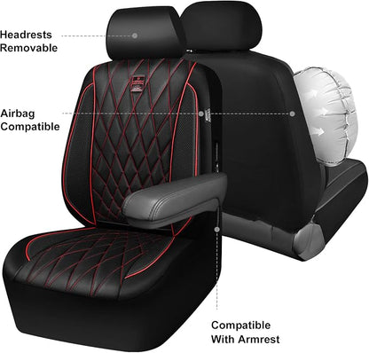 CAR PASS Piping Luxury Leather Seat Covers Full Set,5 Seats Anti-Slip Waterproof Seat Covers Compatible with Front Armrests,Universal Fit for Sendan SUV Van Truck,Airbag Compatible,Black and Red - Image 3