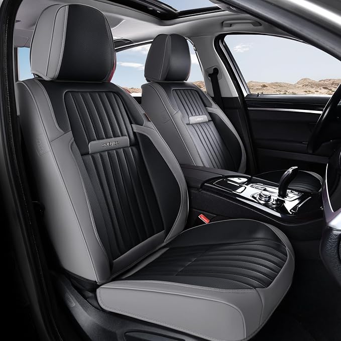 Coverado Car Seat Covers Full Set, Seat Covers for Cars, Car Seat Cover, Car Seat Protector, Leather Car Seat Cushion, Waterproof Car Seat Covers Front Seats and Back Fit for Most Cars(Gray&Black) - Image 9