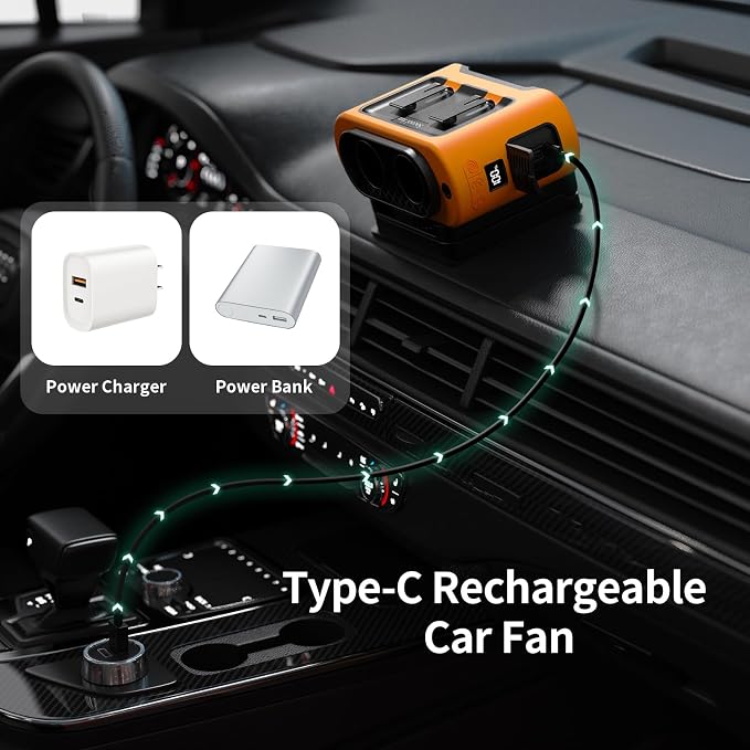 Socool Portable Car Fan - 14500mAh Rechargeable Battery Opearated, Clip on Car Seat Headrest 360 Rotatable, 5-Speed Backseat Fans for Baby Rear Facing Cooling with Dual Air Outlets for SUV RV Truck - Image 7