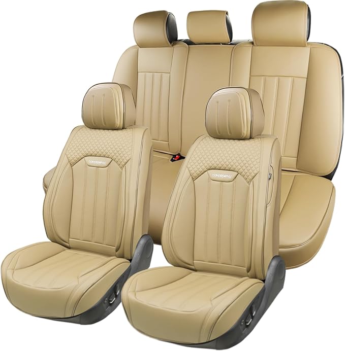 Beige Leather Seat Covers, 5 Seats Universal Car Seat Covers Full Set, Waterproof Automotive Seat Covers Breathable Front and Rear Seat Covers for Most Sedans SUVs Trucks - Image 2