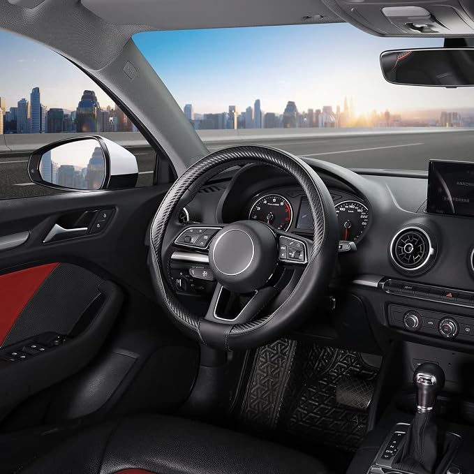 SEG Direct Steering Wheel Cover 14"-14.25" Heavy-Duty, Black Carbon Fiber | 35.5-36cm for Prius Civic Model 3 Model Y Camaro, Microfiber Leather Carbon Pattern, Non-Slip Car Auto Interior Accessories - Image 6
