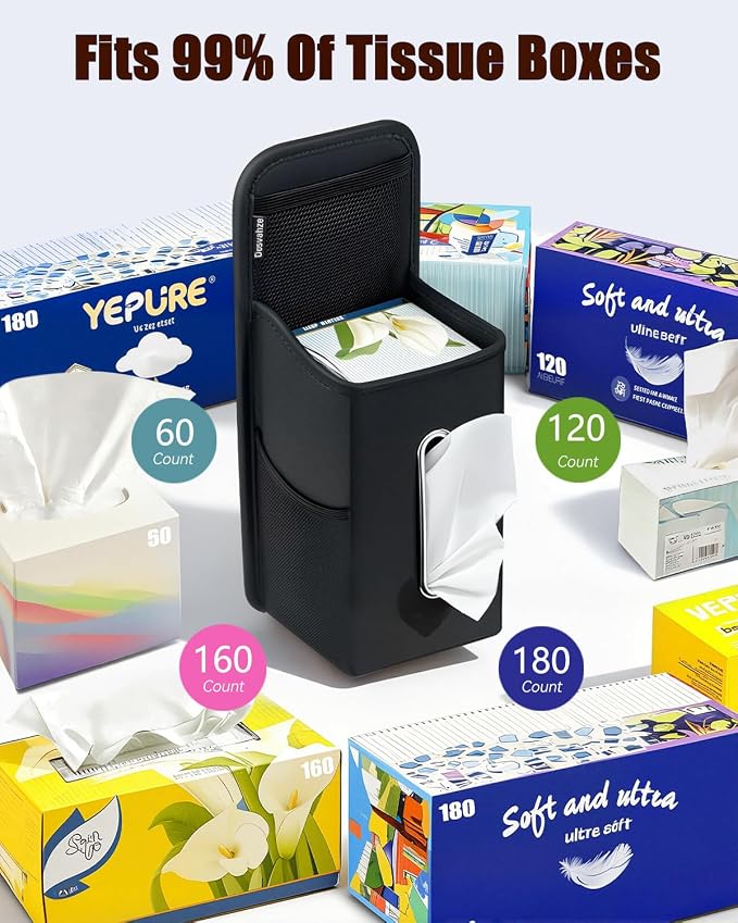 Car Tissue Holder for Kleenex 60/120/160/180 Count,Rectangular Car Storage Box, Side Mount Organizer with 3 Mesh Pockets, Hanging Bag, Waterproof PU Leather, for Front and Back Seat - Image 2