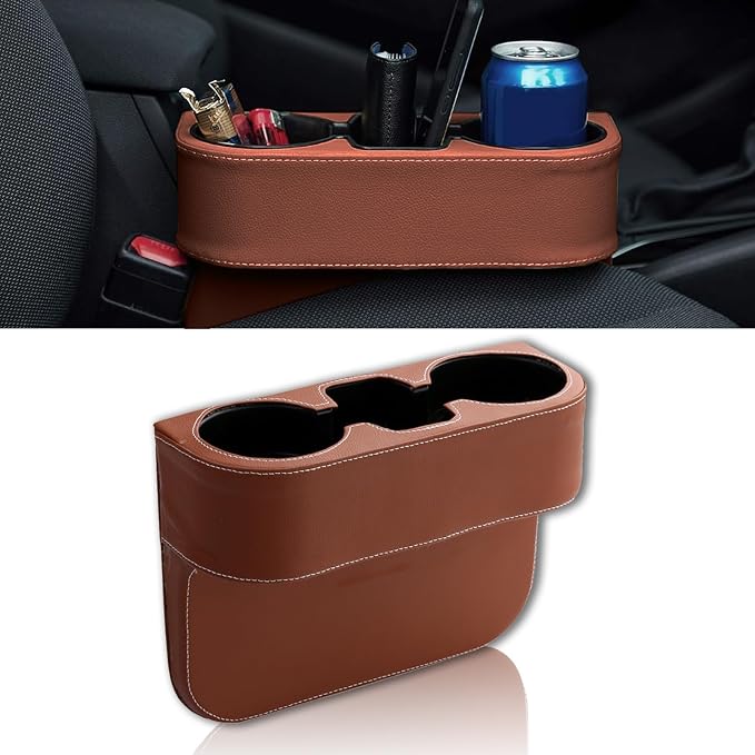 Car Cup Holder, PU Leather Auto Front Seat Organizer, Multifunctional Cup Drink Holders, Gap Filler Storage Box Coin Bucket Console Side Pocket Cell Mobile Phone Holder (Brown) by Unknown