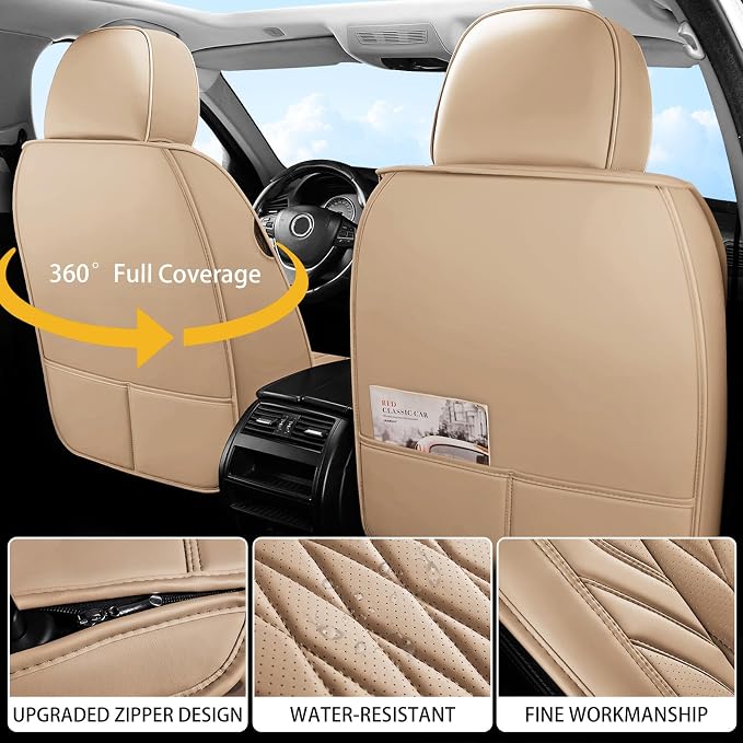 WELLDO Nappa Faux Leather Car Seat Covers Full Set, 5Seats,Beige | Eazy to clean,Easy to install ,Waterproof, Non-Slip,Scratch-resistant, Universal Fit for Most Cars, SUVs, Pickup Trucks - Image 6