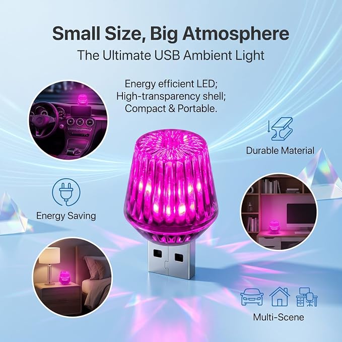 Mini USB LED Car Ambient Light, USB LED Car Interior Atmosphere Lamp, Universal for Vehicle, Bedroom, Hallway, Camping (Pink) - Image 6