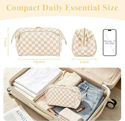 Fammart Travel Makeup Bag for Women, Waterproof Checkered Cosmetic Cosmetic Bag Make Up Organizer Case, Large Wide-open Toiletry Bag for Skincare, Brushes, Bathroom & Travel Essentials - Image 6