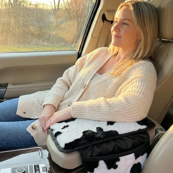 Plush Fuzzy Car Center Console Cover with 2 Side Pockets, Cow Print | Fluffy Armrest Cushion Pad,Soft Car Interior Accessories with Storage for Men & Women,Universal Fit for Vehicles SUV Truck - Image 3