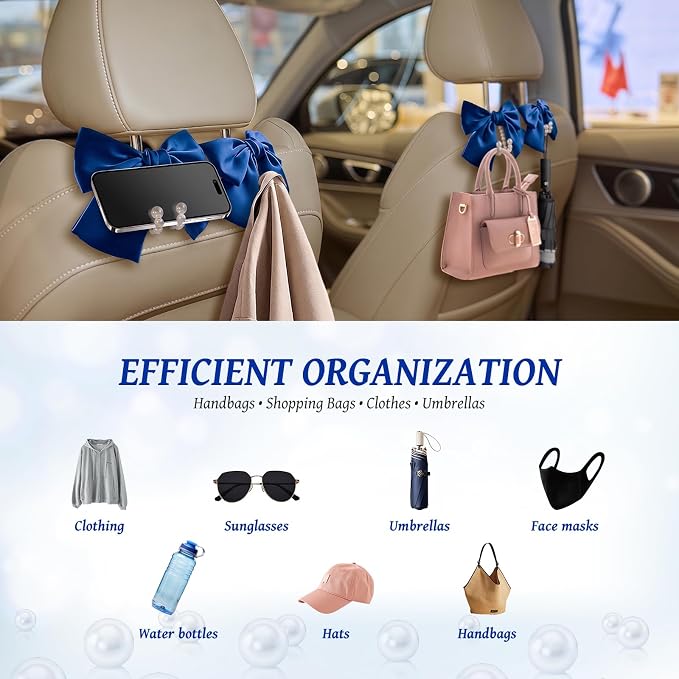 2 PCS Bow Pearl Car Seat Headrest Hook – Cute Purse Hook for Car, Girly Interior Decoration Accessories Hook Hanger, Seatback Holder for Purses & Bags, Elegant Car Organizer (Deep Blue) - Image 5