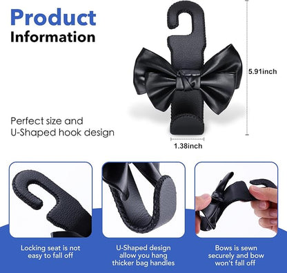 Car Seat Headrest Hooks, Leather Cute Bow Vehicle Hooks for Purses and Bags, Automotive Purse Hook Hanger Interior Decoration Accessories, Universal for SUV, Sedan, Truck (Black, 2 Pack) - Image 5