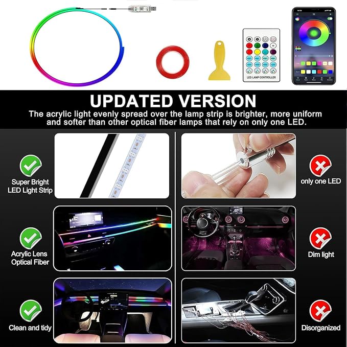 Dreamcolor Acrylic Interior Car LED Strip Lights,43.3in USB RGB Neon Flexible Strip Fiber Optic LED Ambient Lighting Kits with Remote APP, RGB Music Lights Sync for Inside car Decorations - Image 6