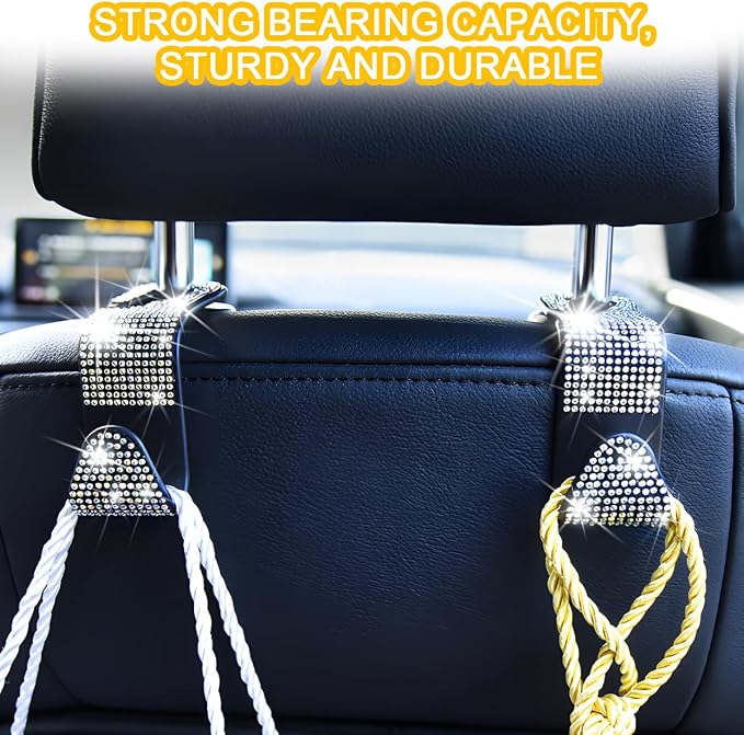 Mandark 4PCS Rhinestone Headrest Hooks for Bags and Umbrellas, White | ABS construction with rhinestones, half-open installation, holds bags and umbrellas, fits many seat posts - Image 6