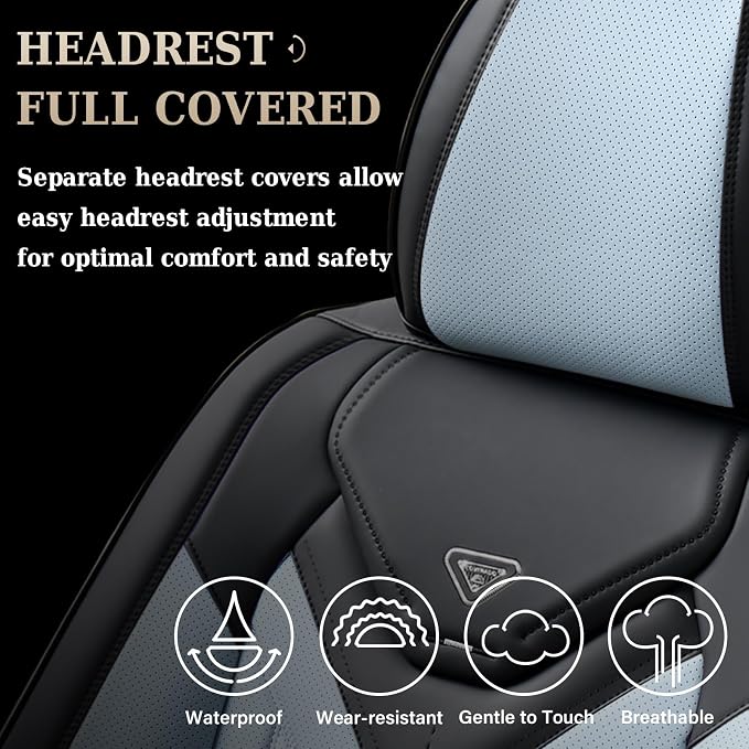 Coverado Car Seat Covers Full Set, Automotive Seat Covers Car Seat Protector Car Seat Cushion, Waterproof Leather Seat Covers for Cars, Universal Fit for Most Sedan SUV Pick-up Truck(Black&Light Blue) - Image 4