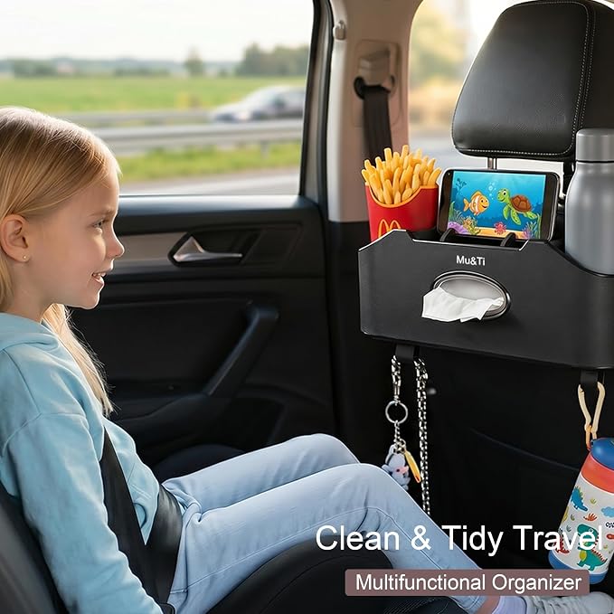 Back Seat Car Organizer with Cup Holders Tissue Box, Phone Stand and Hooks | Includes 1 Pack Of Tissues And 1 Pack Car Trash Bags, Headrest Cup Holder, Multifunctional Storage For Car Travel Accessories - Image 4