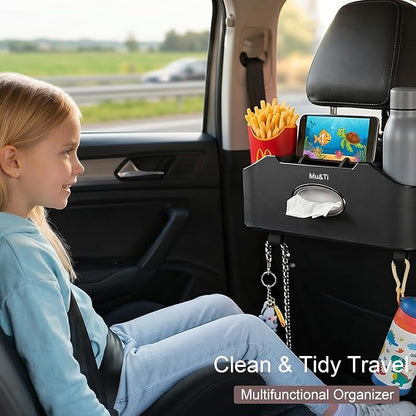 Back Seat Car Organizer with Cup Holders Tissue Box, Phone Stand and Hooks | Includes 1 Pack Of Tissues And 1 Pack Car Trash Bags, Headrest Cup Holder, Multifunctional Storage For Car Travel Accessories - Image 4