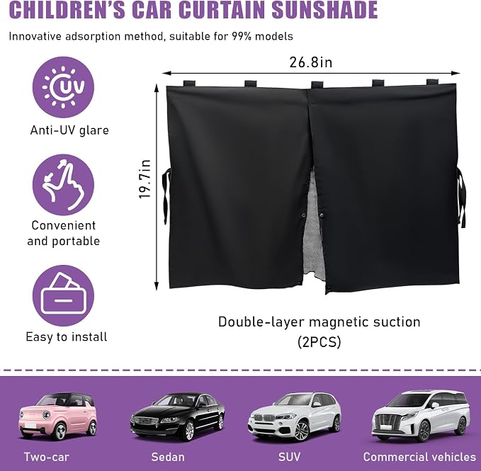 2 PCS Car Window Shade, Double Layer Mesh Privacy Sunshade for Auto Side Window, Magnetic Breathable Curtain for Baby & Kids Blocks Sun & Heat, Universal Car Accessories - Image 2