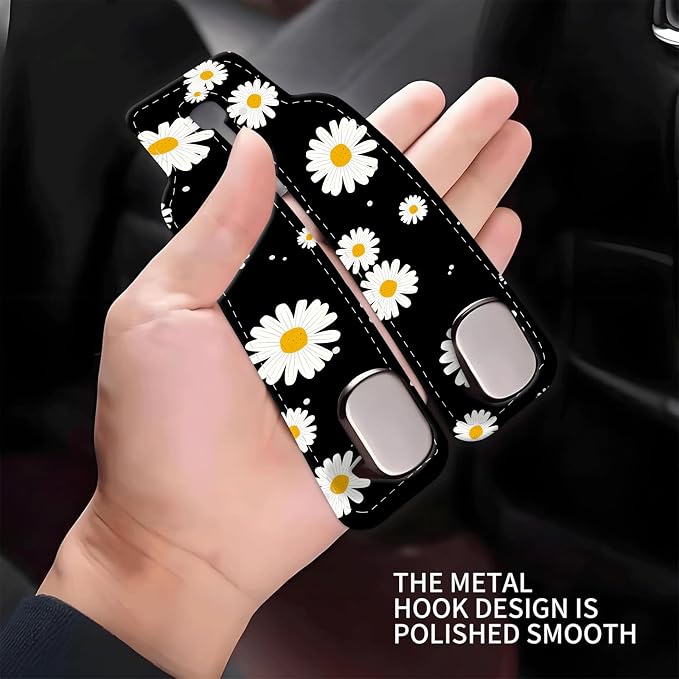 Car Seat Headrest Hook, Universal Leather Cute Hanger Holder Hook, Storage Organizer Interior Accessories for Purse Bags Handbag Cute Black Daisy - Image 4