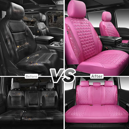CAR PASS Hot Pink Bling Diamond Leather Car Seat Covers Full Sets, Waterproof Shining Glitter Sparkly Crystal Universal Armrest Fit for Automotive Truck SUV Cute Women Girl,Hot Pink Rhinestone - Image 5