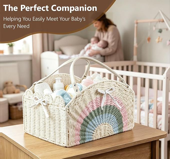 Large Baby Diaper Caddy, Paper Rope Storage Baskets Nursery Bin with Removable Divider, Portable Car Organizer for Diapers, Baby Shower Gifts, Newborn Essentials Must Haves (Light beige) - Image 5