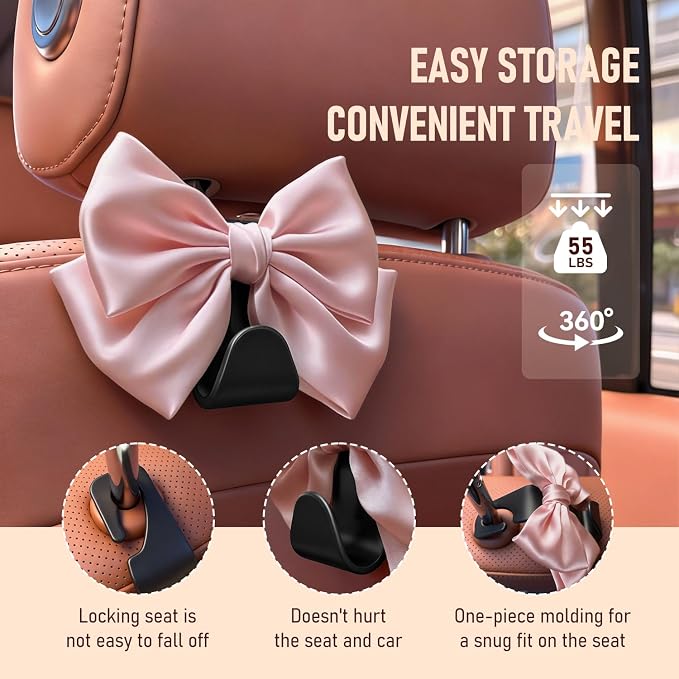 Car Seat Headrest Hook Bow Hooks for Car Bow Car Accessories 2 Pack Hanger Storage Organizer Universal for Handbag Purse Coat fit Universal Vehicle Car (Pink) - Image 2