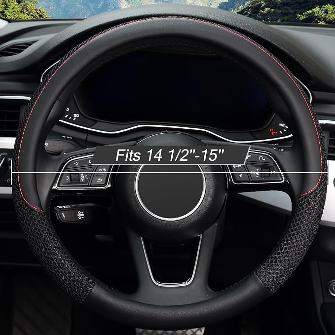 KAFEEK Steering Wheel Cover, Cooling Ice Silk Leather, 15 Inch, Black | Breathable Mesh, Anti-Slip Car Grip, Heat Resistant for Summer, Sweat Proof Comfort - Image 2