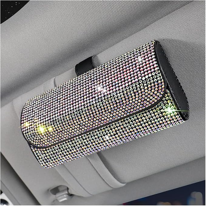 Osilly Bling Car Sunglass Holder for Sun Visor, Sparkling Crystal Leather Automotive Eyeglasses Mount Clip Organizer with Hidden Magnetic Closure for Men Women, Universal for SUV Truck Van（Multicolor） by Osilly