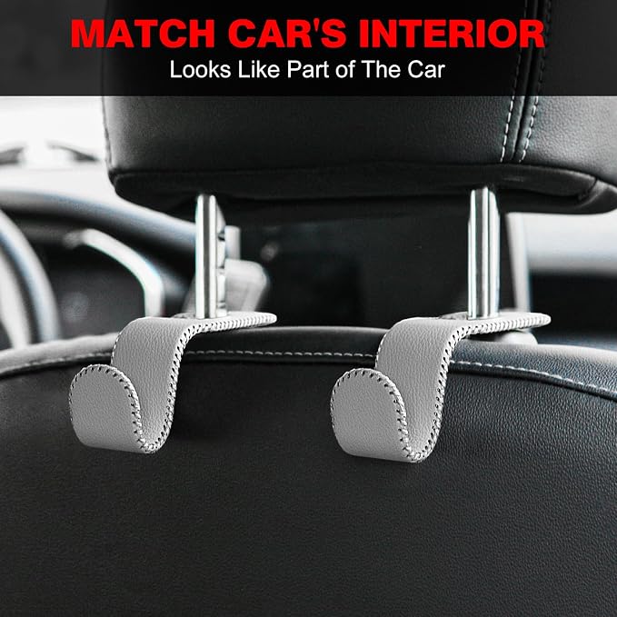 AMVOYOA Leather-Wrapped Car Headrest Hooks & Seat Back Organizer - 2 Pack U-Shaped Car Purse Holder for Bags, Coats, Handcrafted Stitching, Flexible Car Accessories for Women (Gray) - Image 2