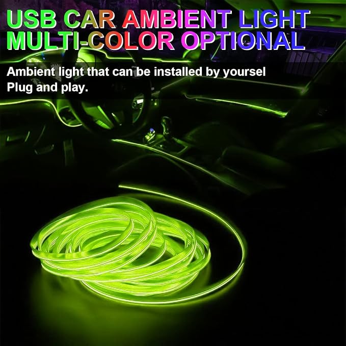 10FT EL Wire Strip Lights, USB Car Neon Trim, Sewing Edge, Ice Green | USB-powered operation, sewing-edge design, fuse protection, interior ambient lighting use, cut-to-length construction - Image 3