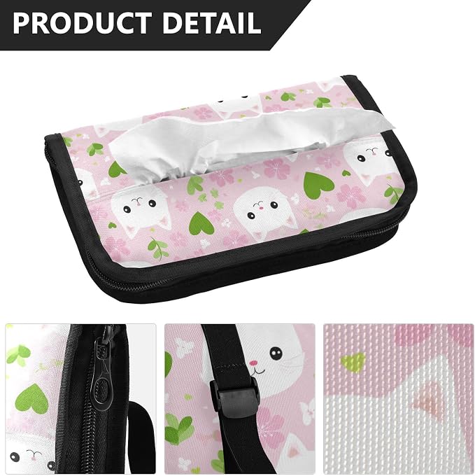 Car Tissue Holder Car Napkin Holder Car Tissue Box Dispenser Storage Case Sun Visor Mask Holder with Adjustable Straps Reusable Refillable Pink Cute Sakura Cat Faces Hearts - Image 3