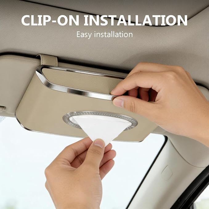 Faux Leather Car Tissue Box for Car Interior, Multi-Function Tissue Holder with Visor Clip, Armrest & Back Seat Napkin Organizer, Vehicle Tissue Dispenser Accessories (Beige Hanging) - Image 3