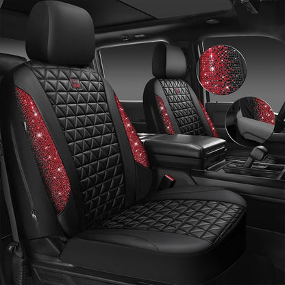 CAR PASS Bling Diamond Black Red Leather Car Seat Covers Full Set, Waterproof Shining Glitter Sparkly Crystal Universal Armrest Fit Automotive Truck SUV Women Girl, Rhinestone Interior Cover Set, Red - Image 2
