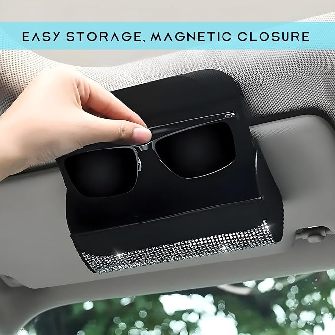 Sunglasses Holder for Car Sun Visor, Bling Leather Eyeglasses Visor Storage Case with Hidden Magnetic Closure, Sparkling Auto Visors Protective Organizer Storage Box (Red) - Image 5