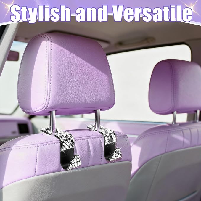 BFXM 6 Pack Car Seat Headrest Hooks,Car Accessories Bling White | Back Seat Purse Hanger Holder Hook, Universal Storage Organizer for Handbag Grocery Bags Coats - Image 5