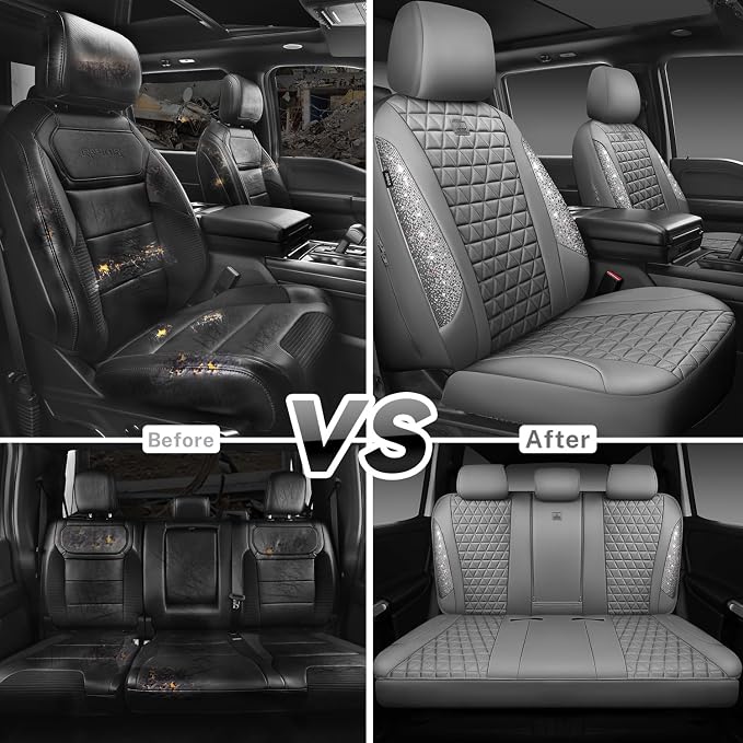 CAR PASS Bling Diamond Gray Leather Car Seat Covers Full Sets Interior Sets, Waterproof Shining Glitter Sparkly Crystal Universal Armrest Fit for Automotive Truck SUV Cute Women Girl, Gray Rhinestone - Image 6