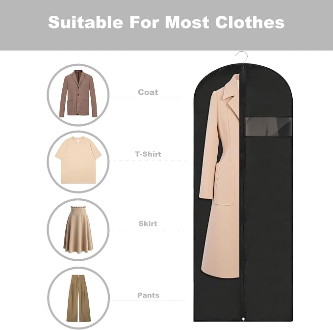 Dress Bags for Gowns Long, 60'' Garment Bags for Hanging Clothes, Suit Bag Cover for Storage and Travel, 2 Pack (Black) - Image 3