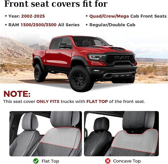 Truckiipa Dodge Ram 2 Front Leather Seat Covers Custom Fit for 2002-2026 1500 2500 3500 Pickup Crew Double Quad Cab Laramie Big Horn Full Coverage Waterproof Truck Seat Cover, Black - Image 2