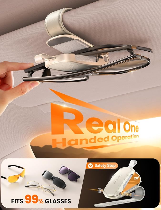 JOYROOM Magnetic Leather Sunglass Holder for Car Visor - 2 Pack（Cream） | One hand magnetic glasses holder for car visor clip, Soft leather lining protects frames, fits all auto sunglasses. - Image 3