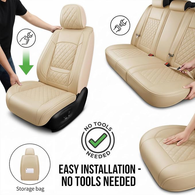 Fit for 4Runner Car Seat Covers Compatible with Toyota 4Runner 2003-2026(Only for 5 Seats Version) - Waterproof Leather Seat Cushions Protector, Only 2 Front seat Covers (Beige) - Image 5