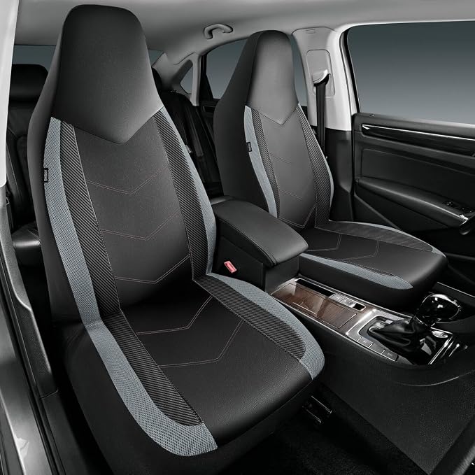 PIC AUTO Leather Car Seat Covers, Sports Carbon Fiber & Mesh Design, High-Back Two Front Set, Waterproof Automotive Seat Covers, Airbag Compatible, Universal Fit for Most Cars (Black & Gray) - Image 2