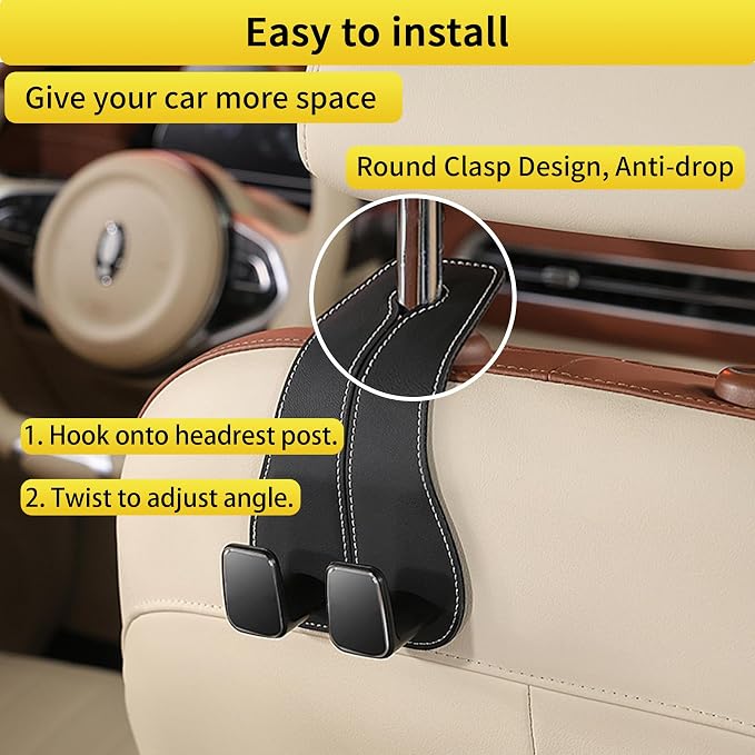 WEIHAO Wide Purse Hook for Car, Twin Hook Leather Car Headrest Hangers, Car Seat Back Storage Hook, Headrest Hooks Purse Bag Holder for Car Universal Fit Sedan Trucks SUVs Most Vehicles (Black-4PCS) - Image 5