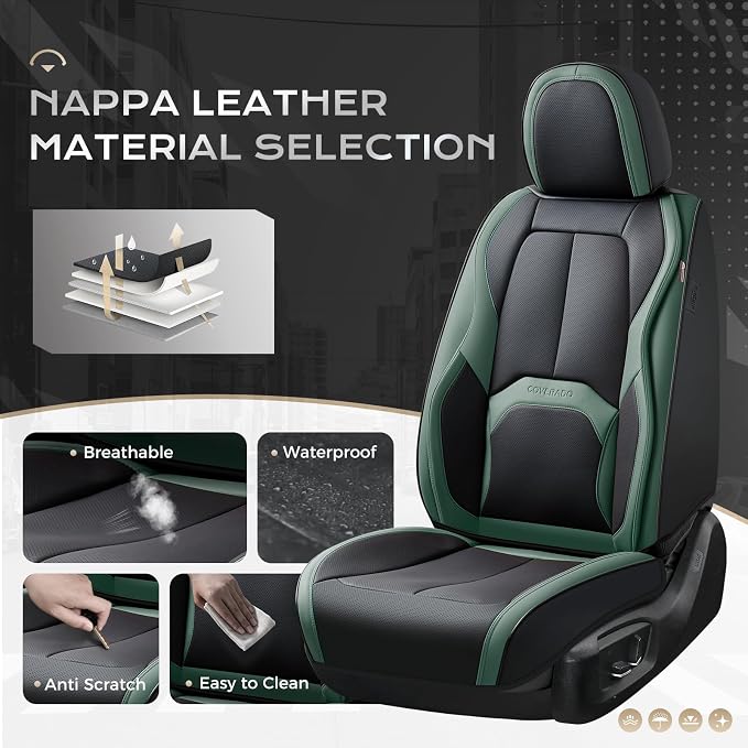 Coverado Car Seat Covers Full Set, Green Car Seat Cover, Car Leather Seat Protector with Lumbar Support, Waterproof Car Seat Cushion, Leather Seat Covers Universal Fit Most Cars, (Black&Green) - Image 4