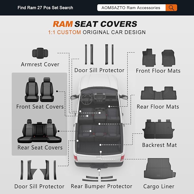 AOMSAZTO Custom Seat Covers for Ram 1500 & 2500 2009-2018 Black&Gray | Pickup Truck Seat Covers, Perfect Fit, Breathable, Waterproof, Premium Faux Leather, for Ram Crew Cab, Airbag Compatible - Image 9