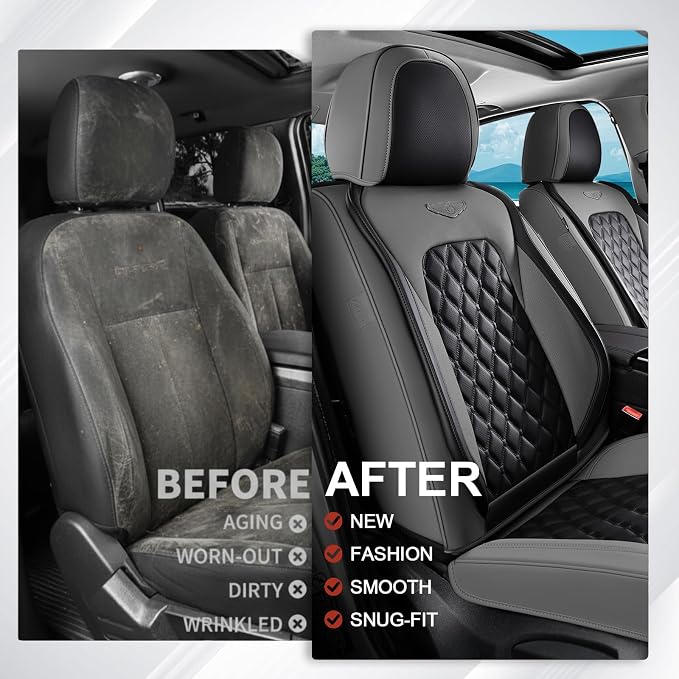 Coverado Car Seat Covers Front Seats, Minimalist Scratch-Resistant Waterproof Faux Leather Full Set with Rear Protectors, Business Daily Driving – GrayBlack - Image 4