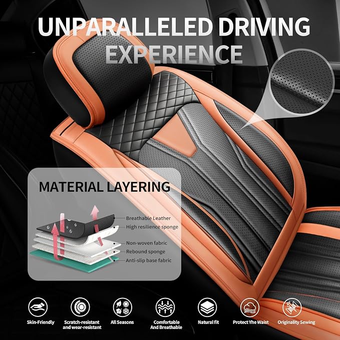 Fit Tacoma Premium Leather Car Seat Covers for Toyota Tacoma 2016-2022 2023 - Waterproof，Breathable，All-Weather Seat Cushion Protecto & Airbag Compatible, Full Set Orange&Black - Image 2