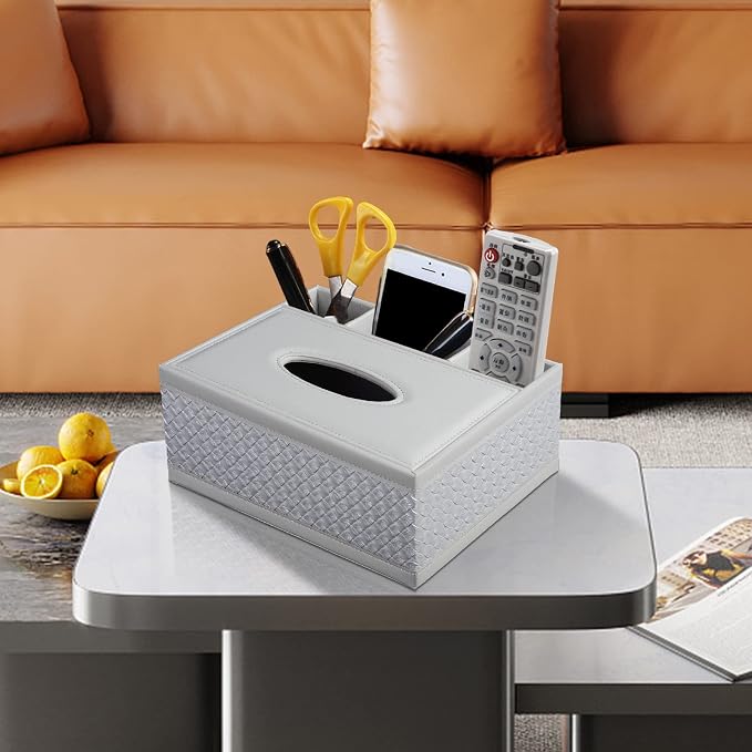Tissue Box Cover Rectangle White Kleenex Box Holder PU Leather Facial Tissue Organizer,Multifunctional Remote Control Stationery Storage Box,Home Office Supplies Car Napkin Caddy - Image 7