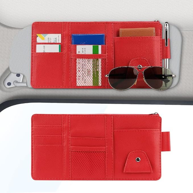 Red Car Sun Visor Organizer, Portable Card & Document Visor Storage Pocket | Visor accessories multi-slot design stores docs, cards & sunglasses, slim fits all vehicles without obstructing sight - Image 3