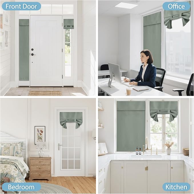 RYB HOME Blackout Door Window Curtains for Kitchen Back/Front Frchen Door | Self Adhesive, Privacy Glass Window Curtain, Half curtains for Windows, Renter Friendly, W26 x L40, Sage Green, 1 Panel - Image 9