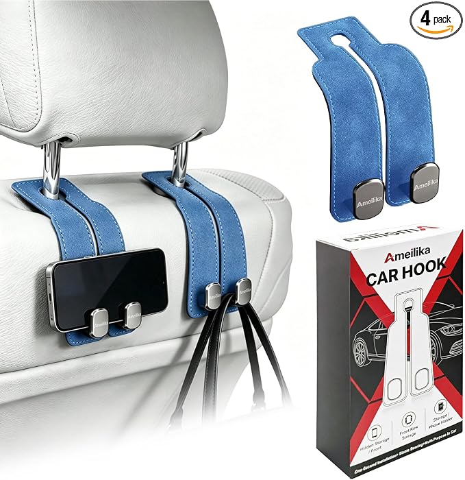 Car Headrest Hook, Car Seat Headrest Hooks and Purse Hook for Car, Leather Seat Back Organizer with Phone Holder, Universal Hidden Storage for SUV/Truck (Light Blue-2Pack) by Ameilika